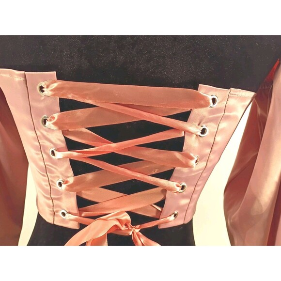 Pink Satin Bustier Corset Size S Renaissance Lace Up Back Sweetheart Poet Sleeve - Picture 14 of 16